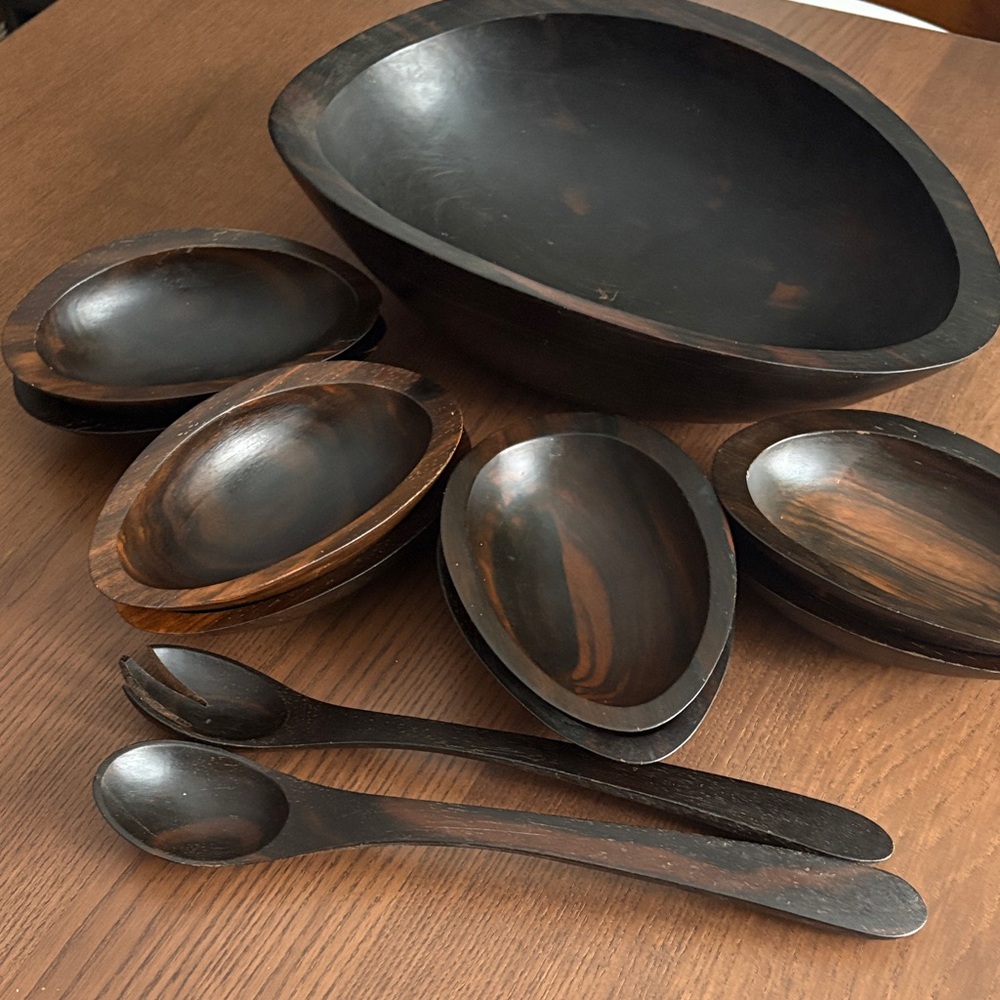 VINTAGE MCM - Ebony Wooden Salad Bowl Set (for 8)